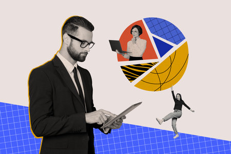 Sketch image composite trend artwork photo collage of team office workers man two women coworking place use device tablet laptopの写真素材