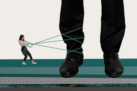 Composite photo collage of small scream girl pull huge male legs shoes tied string rope protest disagreement isolated on painted backgroundの写真素材