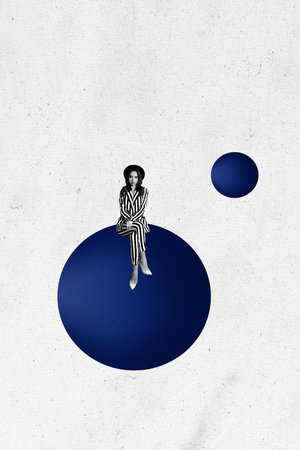 Vertical creative collage poster sitting stylish young girl depressed no emotions upset apathy...