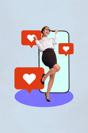 Trend artwork sketch image composite 3D collage of young excited lady hold hands fist yes get many likes hearts feedback push noticeの写真素材