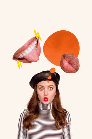 Composite trend artwork sketch image 3D photo collage of young attractive lady have gossip conversation with friend huge lips mouth flyの写真素材