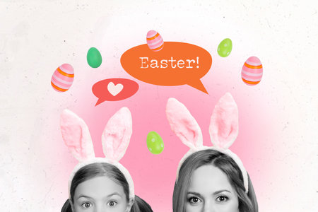 Collage young happy excited woman small girl daughter mother peek hide spy rabbit ears cute costume easter celebration greeting textboxの写真素材