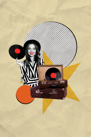 Photo vertical collage young pretty woman hold plate vinyl record vintage music listener meloman...