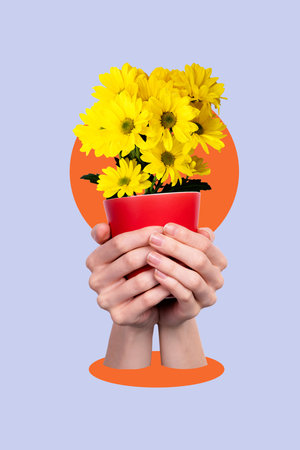 Vertical creative collage human hands hold yellow daisy flowers houseplant pot beauty blossom springtime holiday greeting postcardの写真素材