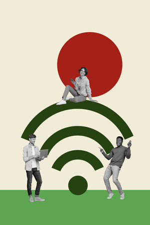 3d retro abstract creative artwork template collage of wifi router internet device icon connect people weird freak bizarre unusualの写真素材