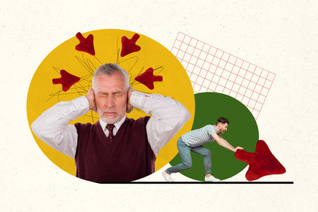 Creative photo collage picture retired pensioner close ears migraine headache suffer young man push...
