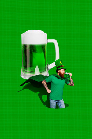 Creative collage image young man drink beer glass alcohol drink beverage green background saint patrick day festive theme party pubの写真素材