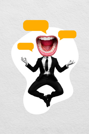 Vertical photo collage of businessman instead head mouth talk discussion textbox jump yoga meditation zen isolated on painted backgroundの写真素材