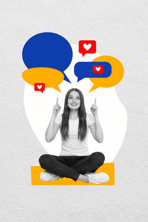 Vertical photo collage of happy cheer girl hand finger index show text box heart reactions correspondence isolated on painted backgroundの写真素材