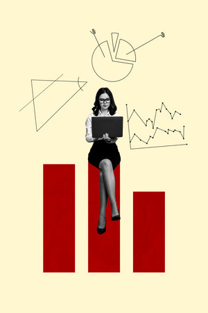 Vertical image collage of smile office girl work laptop sit chart diagram statistics success leader aim isolated on colorful backgroundの写真素材