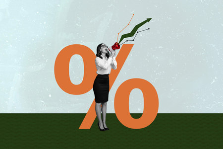 Composite photo collage of happy businesswoman scream loudspeaker luck success arrow up percent trader isolated on painted backgroundの写真素材