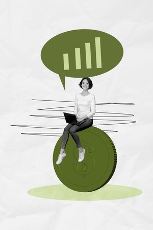 Composite trend artwork sketch image collage of young office manager lady hold on leg laptop sit on huge coin dollar money growth statsの写真素材