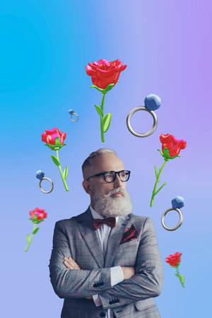 Vertical creative photo collage senior gentleman formalwear suit valentine day marriage ring flower fresh beauty blossom drawing backgroundの写真素材