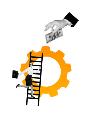Vertical collage young businesswoman ladder cogwheel up climb cash banknote earnings income investor money rich lady white backgroundの写真素材
