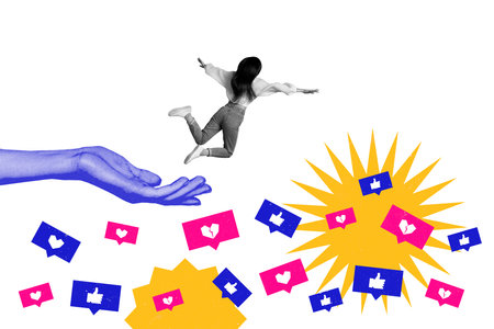 Composite collage image of girl back jump hand crowd likes love thumbs up dislike evaluation...