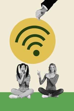 Collage artwork minimal picture of excited girlfriends sharing wifi modern device isolated creative backgroundの写真素材