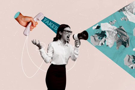 Trend artwork composite sketch image 3D photo collage of black white silhouette young lady hold in hand bullhorn talk fake trash speechの写真素材