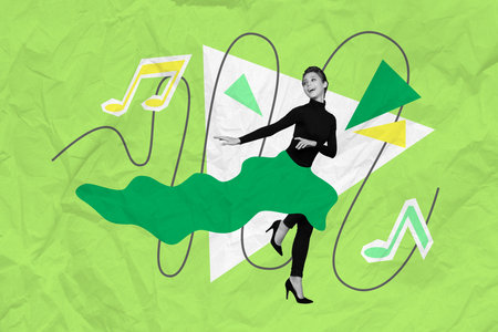 Creative collage picture happy funky dancing girl festive event disco party entertainment leisure...