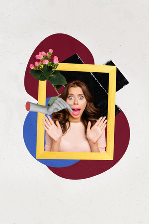 Trend artwork 3D collage composite image of young shocked lady in photo frame near pink flower black white arm show symbol korean loveの写真素材