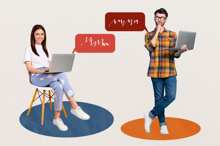 Sketch image composite artwork 3D collage of two people couple friends man lady hold in hand laptop have conversation get sms chat cloudの写真素材