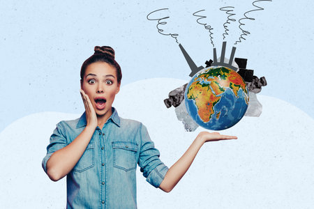 Creative collage picture young astonished girl showing planet earth globe chimney toxic air...