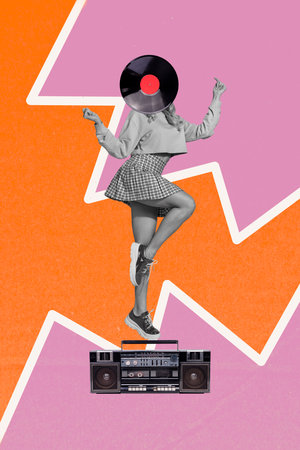 Vertical creative picture photo collage dancing young girl entertainment boombox audio playlist...