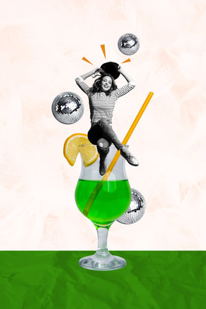 3D photo collage composite trend artwork sketch image of young attractive lady sit on huge cocktail disco ball retro dance party occasionの写真素材
