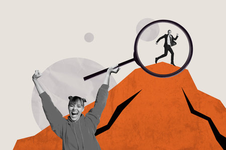Sketch image composite trend artwork photo collage of excited lady hr worker hold in hand huge loupe find best job candidate man in suitの写真素材