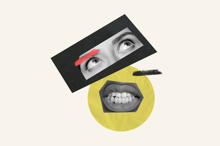 Trend artwork 3D photo collage sketch image of abstract bizarre Caricature face with huge eyes mouth show teeth funny look girl grimaceの写真素材