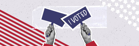 Composite panoramic collage of hand hold picket i voted inscription election democracy choice stars...