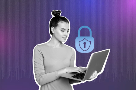 Trend 3D photo collage composite image of black white silhouette young lady hold laptop in hand...