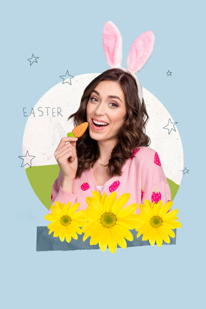 Vertical creative collage image of cute female eating carrot celebrate easter holiday tradition...