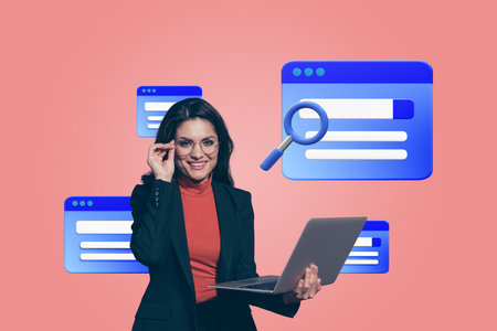 Creative picture collage young smiling girl laptop freelance worker magnifying loop browser interface discover search freelance workerの写真素材