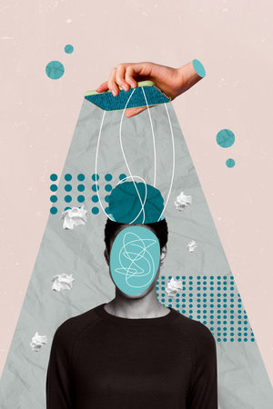 Composite artwork sketch photo collage of black white silhouette young faceless man empty space instead huge hand hold phone propagandaの写真素材