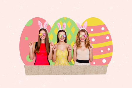 Creative drawing collage of three friends girls together cover eyes eggs celebrate easter invitation postcard billboard comics zine minimalの写真素材