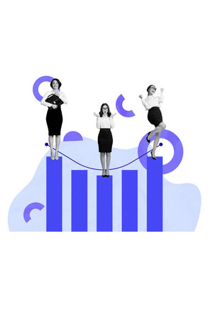 Vertical collage image of lady office workers promotion chart rating dismissal astonishment happiness isolated on painted backgroundの写真素材