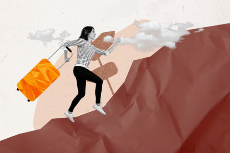 Composite photo collage trend image of black white silhouette young lady choose climb up on mountain road travel with baggageの写真素材
