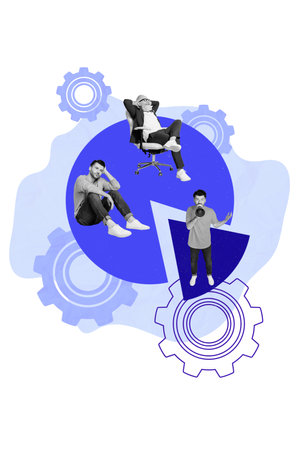 Composite vertical collage picture of mini black white effect people sit chair communicate loudspeaker big diagram isolated on creative backgroundの写真素材