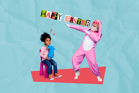 Collage 3d image retro sketch of cute old man rabbit perform kid celebrate easter invitation postcard bizarre unusual fantasy billboardの写真素材