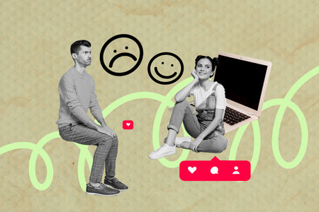Creative picture collage sitting young man sad emoticon smiling happy girl laptop social network blogging drawing backgroundの写真素材