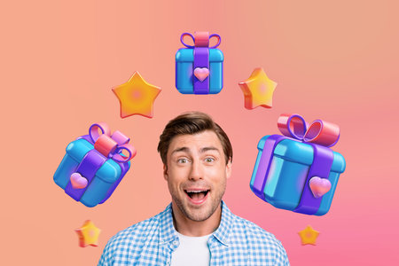 Creative collage young emotional shocked man wow reaction receive giftbox presents birthday holiday...