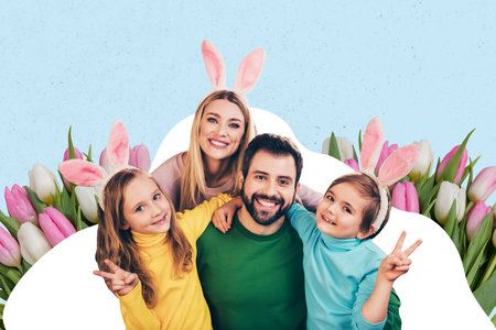 Creative drawing collage picture of cute family show v-sign have fun celebrate easter invitation...