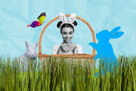 Creative poster collage of cute charming girl hands paws rabbit basket celebrate easter invitation...