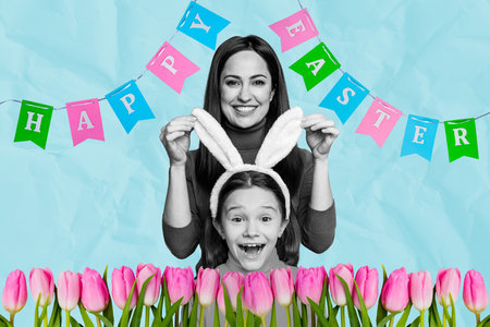 Creative abstract template collage of funny cute family mother daughter celebrate easter invitation postcard billboard comics zine minimalの写真素材