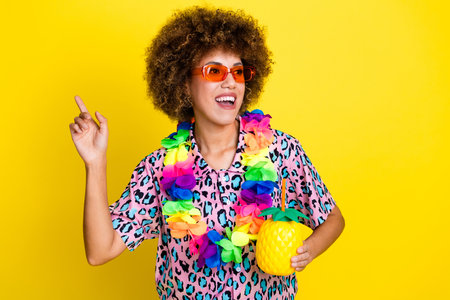 Photo of carefree cool woman wear animal print shirt dark glasses drinking cocktail empty space...