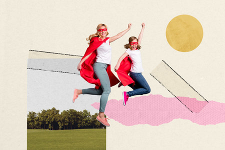 Composite photo collage of happy mother daughter jump superhero costume mask cape park tree mother day isolated on painted backgroundの写真素材