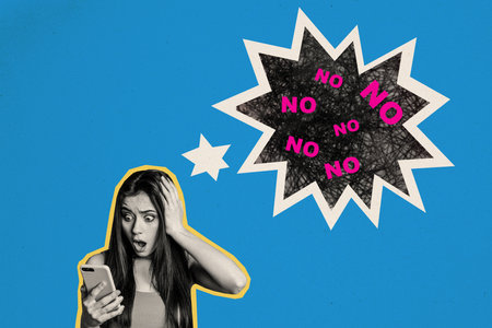 Photo collage young woman touch head shocked scared hold smartphone no mistake fault fear emotional problems blue backgroundの写真素材