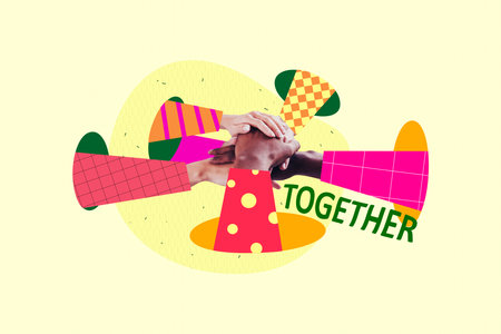 Composite photo collage of hand colorful sleeve teamwork coworking unity black white tolerance racism isolated on painted backgroundの写真素材