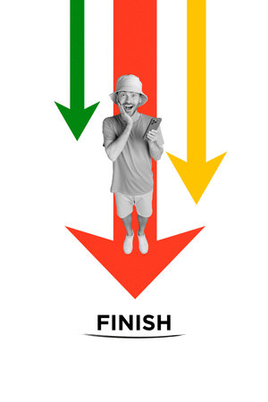 Composite collage picture of astonished guy hold smart phone arrow pointer finish isolated on...