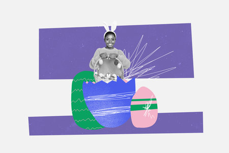 Creative collage picture young smiling carefree girl hold holiday easter traditional basket egg...